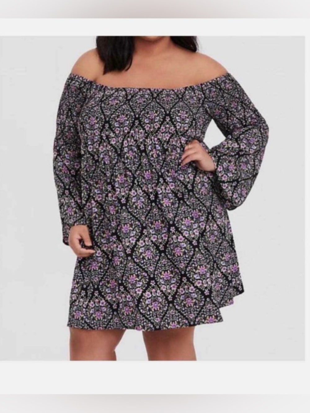 Torrid Mini Challis Off Shoulder Skater Dress Purple & Black Floral Size 2X NWT